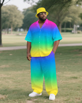 Big Men's Colorful Rainbow Gradient Style Outdoor Short-Sleeve Shirt Pants 2-piece Sets